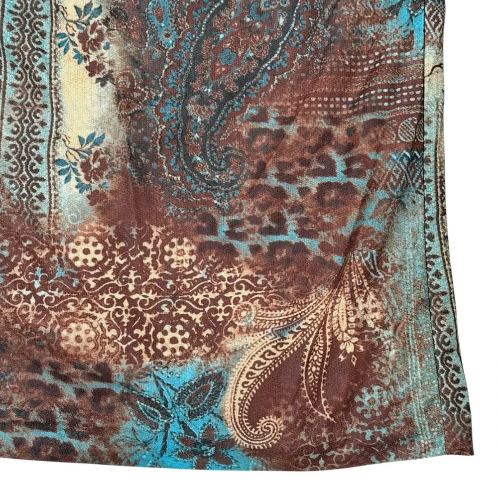 Vintage Midi Straight Skirt Paisley Leopard Print Turquoise Brown Y2K Size 12P